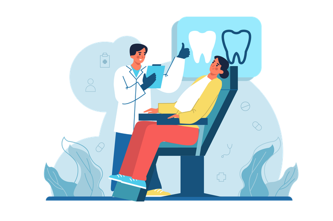 The dentist checks the condition of the patient's teeth after treatment  イラスト