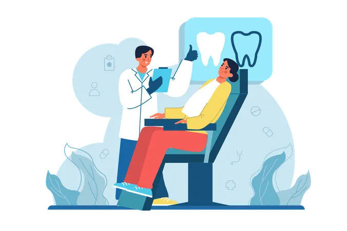The dentist checks the condition of the patient's teeth after treatment  イラスト