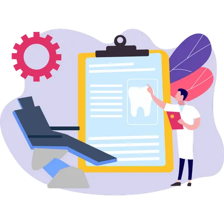 The dentist is looking at the dental report  Illustration
