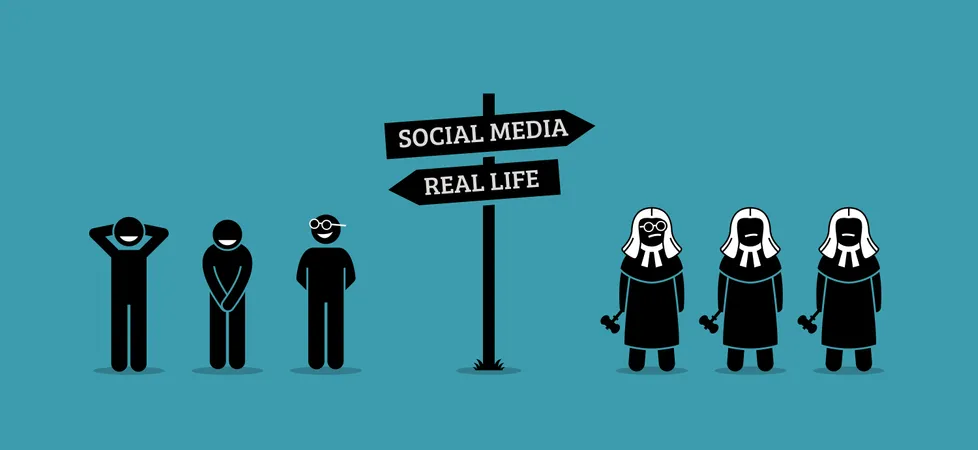 The difference between real life and social media human behaviors Illustration