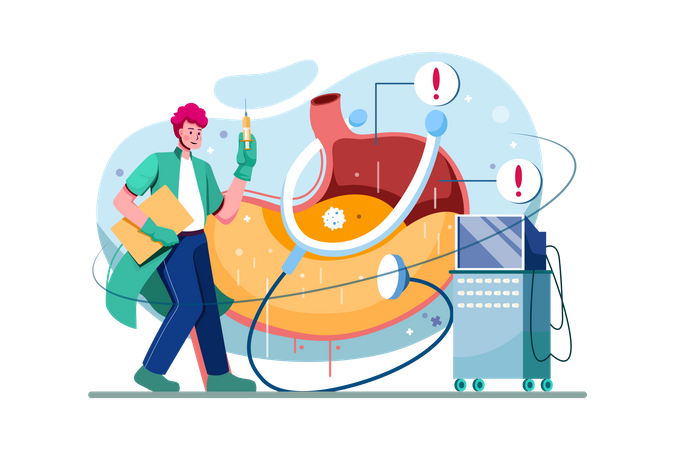 The doctor examines the disease and treats the stomach  Illustration