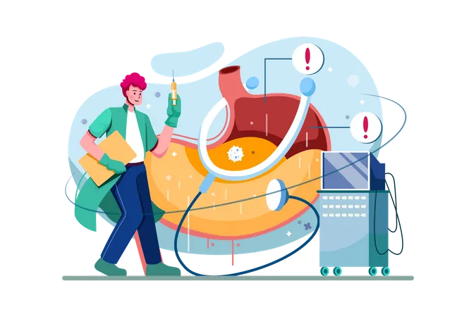 The doctor examines the disease and treats the stomach  Illustration