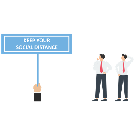 The doctor holds a keep your social distance sign to business people  Illustration