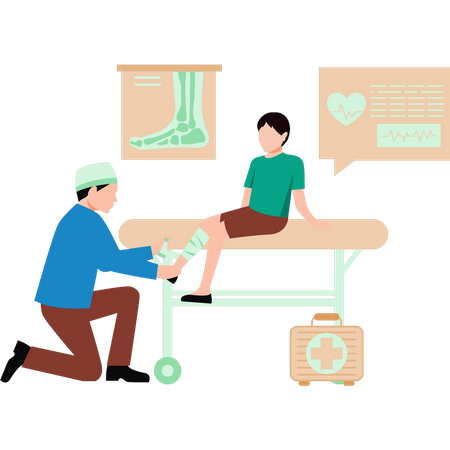 The doctor is bandaging the boy's leg  Illustration