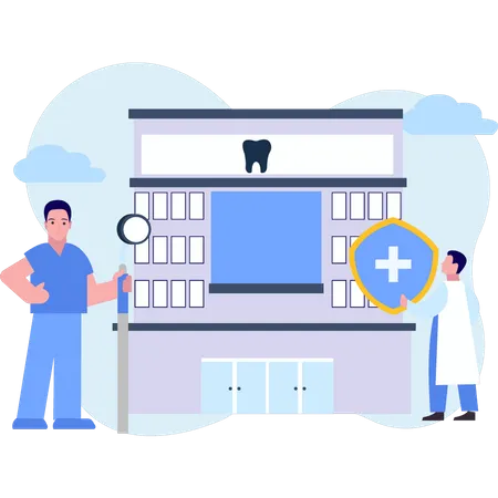 The doctor is standing outside the clinic  Illustration