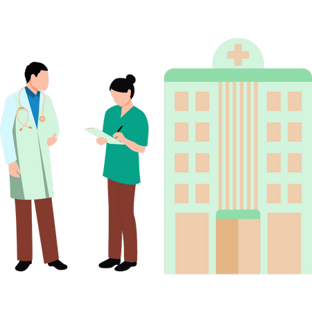 The doctor is standing outside the hospital  Illustration