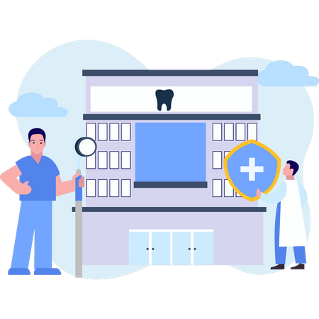 The doctor is standing outside the clinic  Illustration