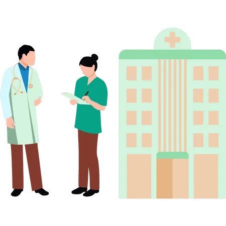 The doctor is standing outside the hospital  Illustration