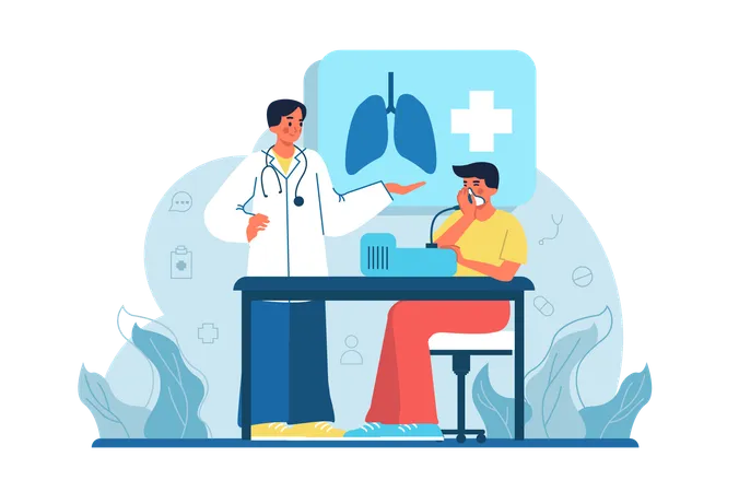 Inhalation Medicine Blue Concept With People Scene In The Flat Cartoon Style The Doctor Monitors How The Child Inhales Vector Illustration Illustration