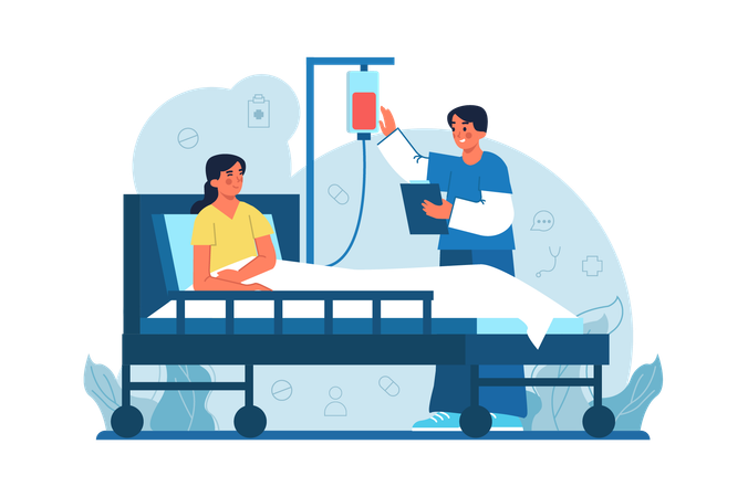 The doctor puts a dropper on the patient who is lying in bed  Illustration