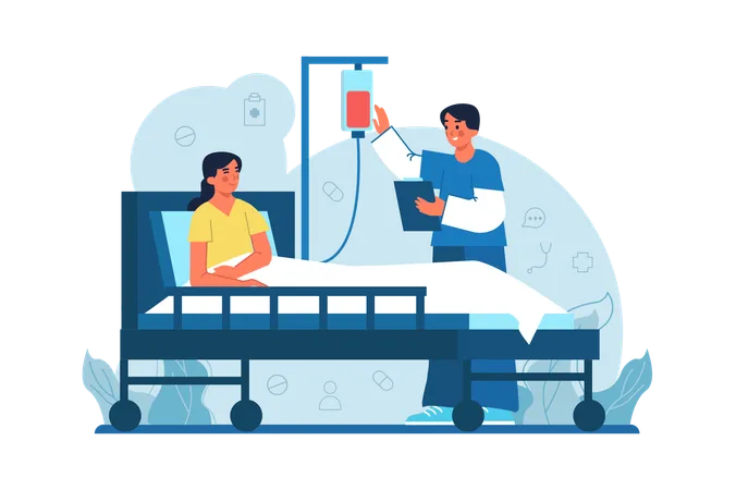 Hospital Beds Medicine Blue Concept With People Scene In The Flat Cartoon Style The Doctor Puts A Dropper On The Patient Who Is Lying In Bed Vector Illustration Illustration