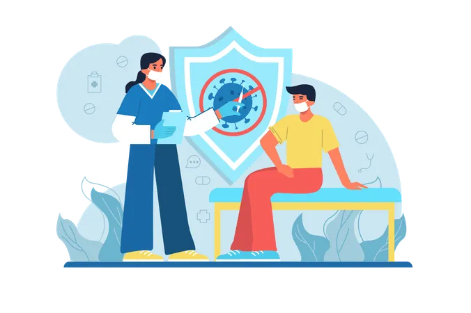 Medicine Blue Concept Covid With People Scene In The Flat Cartoon Design The Doctor Vaccinates The Patient Against A Terrible Disease Vector Illustration Illustration