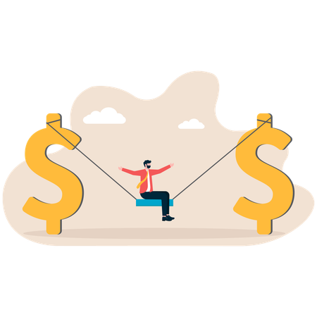 The dollar sign is used as a slingshot to launch a businessman out  Illustration