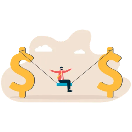 The dollar sign is used as a slingshot to launch a businessman out  Illustration