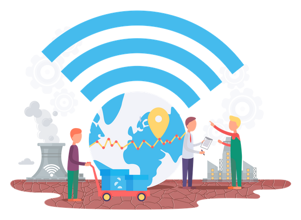 The Earth with wireless signal for internet connection and human activity influence on planet  Illustration