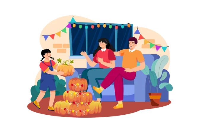 The Family Decorates For Thanksgiving Day Together  Illustration