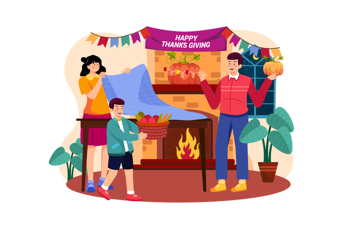 The Family Decorates For Thanksgiving Day Together Illustration