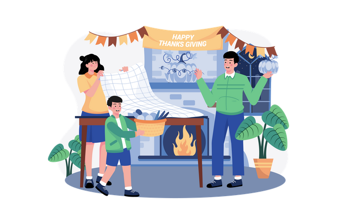 The Family Decorates For Thanksgiving Day Together  Illustration