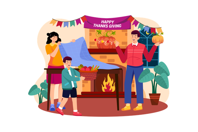 The Family Decorates For Thanksgiving Day Together  Illustration