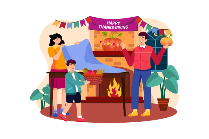 The Family Decorates For Thanksgiving Day Together  Illustration