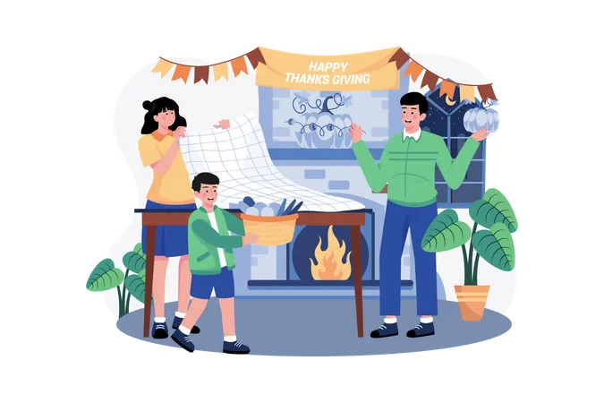 The Family Decorates For Thanksgiving Day Together  Illustration