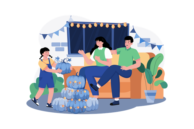 The Family Decorates For Thanksgiving Day Together  Illustration