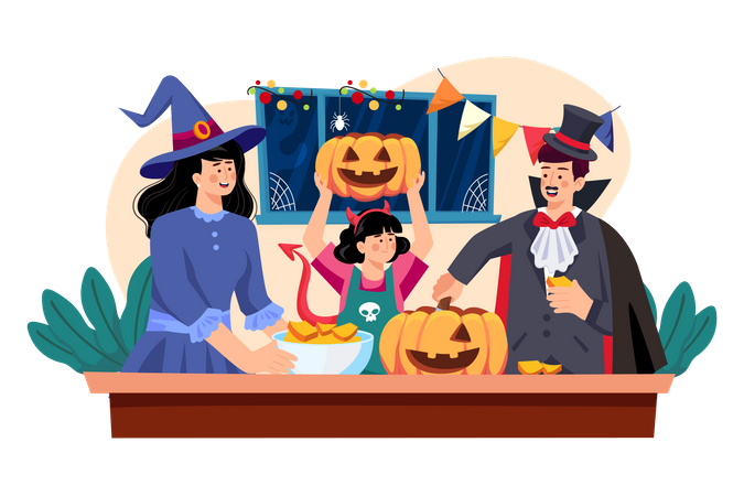 The Family Is Decorating For Halloween Illustration