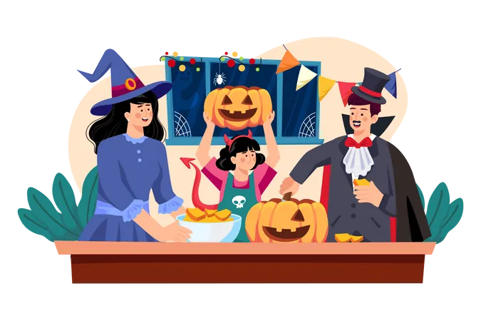 The Family Is Decorating For Halloween Illustration