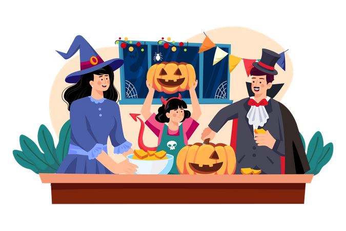 The Family Is Decorating For Halloween  Illustration