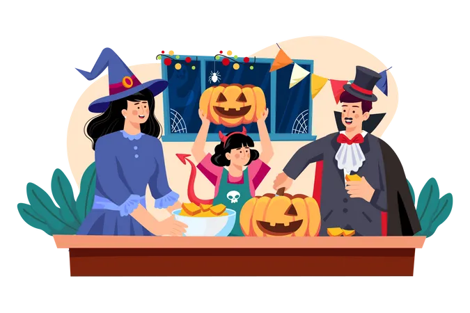 The Family Is Decorating For Halloween  Illustration