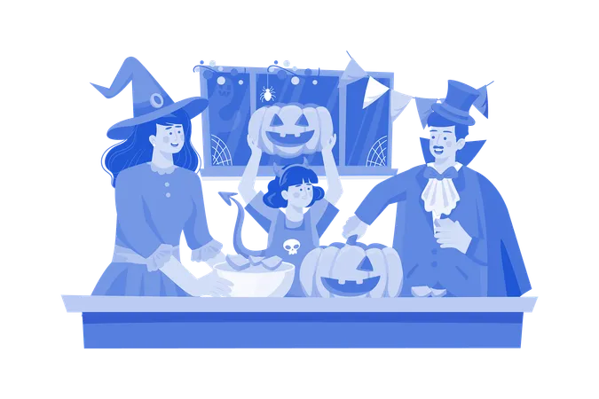 The Family Is Decorating For Halloween  Illustration