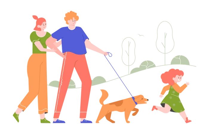 The family walking in the park with the dog  Illustration