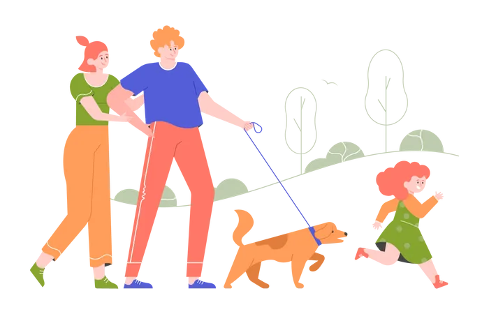 The family walking in the park with the dog Illustration