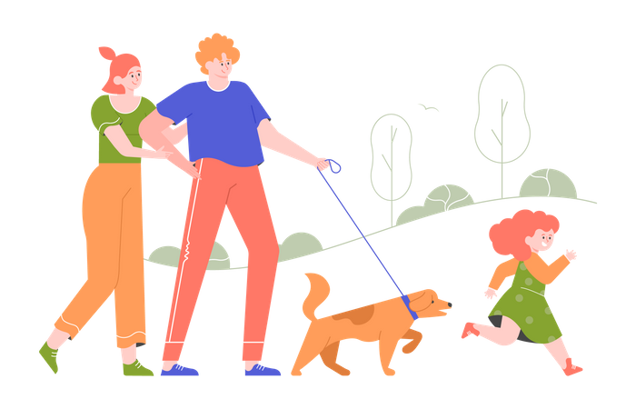 The family walking in the park with the dog  Illustration