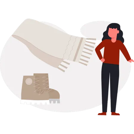 The female is looking coat shoes and scarf  Illustration