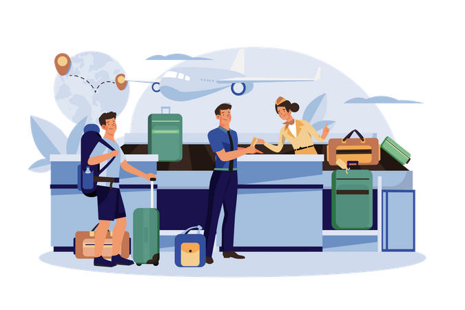 The flight attendant guides the passenger to check in at the counter  Illustration