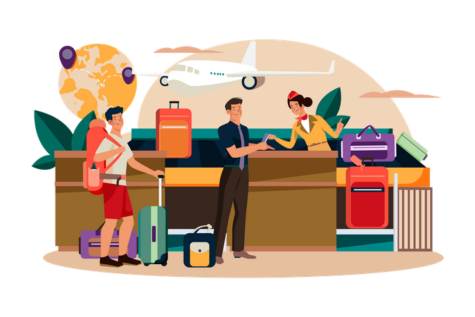 The flight attendant guides the passenger to check in at the counter  Illustration