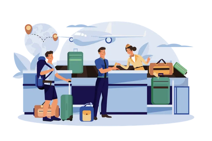 The flight attendant guides the passenger to check in at the counter Illustration