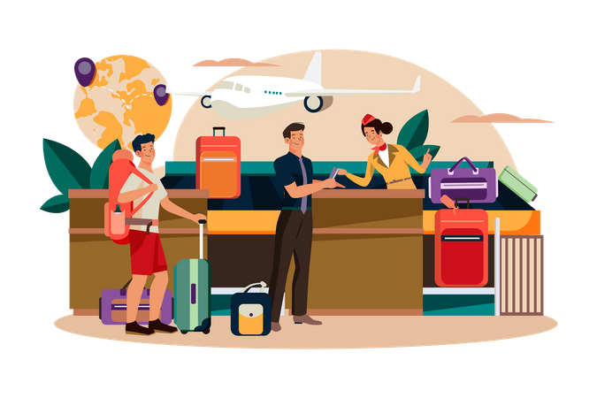 The flight attendant guides the passenger to check in at the counter Illustration