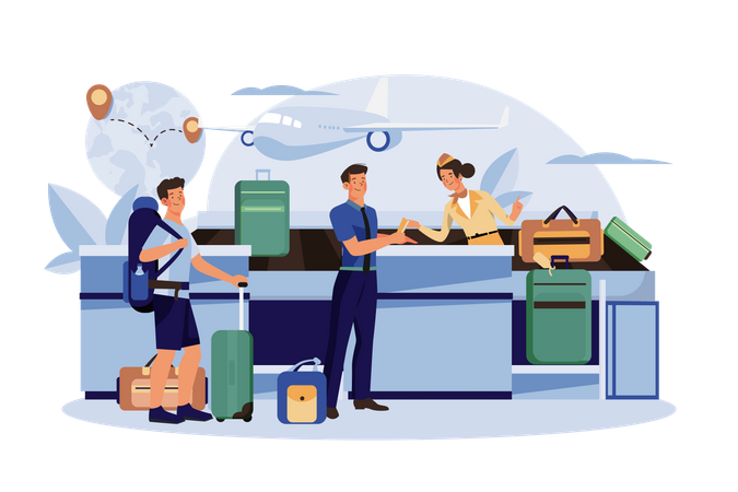 The flight attendant guides the passenger to check in at the counter  Illustration
