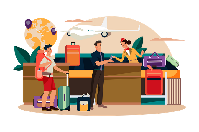 The flight attendant guides the passenger to check in at the counter  Illustration