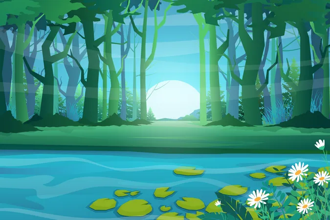 The forest and large pond with lotus Illustration
