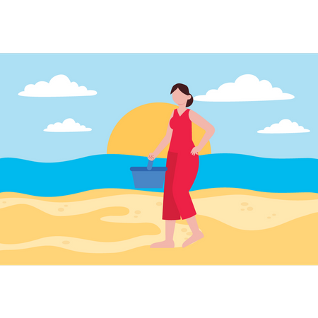 The girl is at the beach for a picnic  Illustration