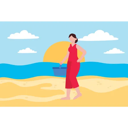The girl is at the beach for a picnic  일러스트레이션