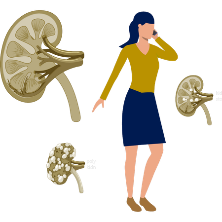 그 소녀는 전화통화로 신장질환에 대해 이야기하는 데 바쁘다  일러스트레이션