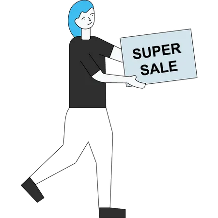The girl is carrying a poster of Super Sale Illustration