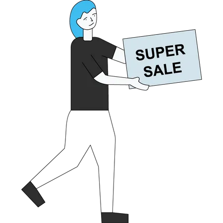 The girl is carrying a poster of Super Sale  Illustration