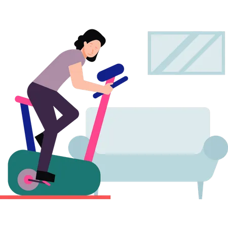 The girl is cycling on the cycling machine Illustration