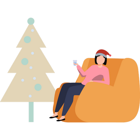 The girl is drinking juice and celebrating Christmas  Illustration