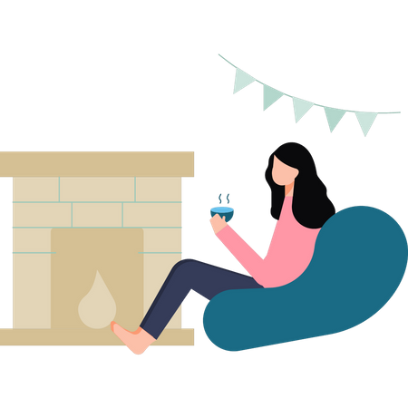 The girl is drinking tea by the fireplace  Illustration